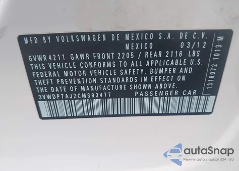 2012 Volkswagen Jetta Se from USA, damaged, VIN 3VWDP7AJ2CM393477